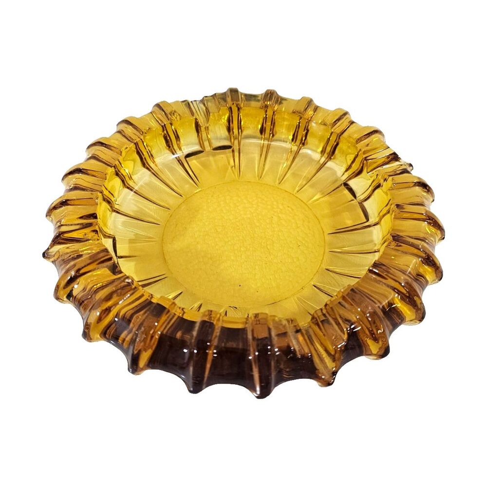 Heavy Unmarked Amber Pressed Glass Round Ashtray 7.5" Scalloped Rim